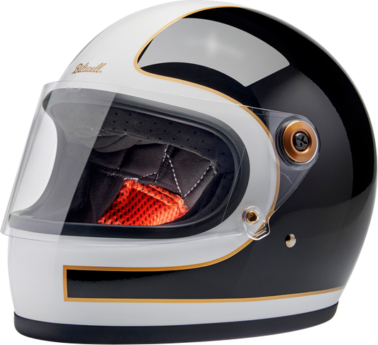 BILTWELL Gringo S helmet in gloss white and black tracker design, small size, featuring sleek motorcycle helmet style.