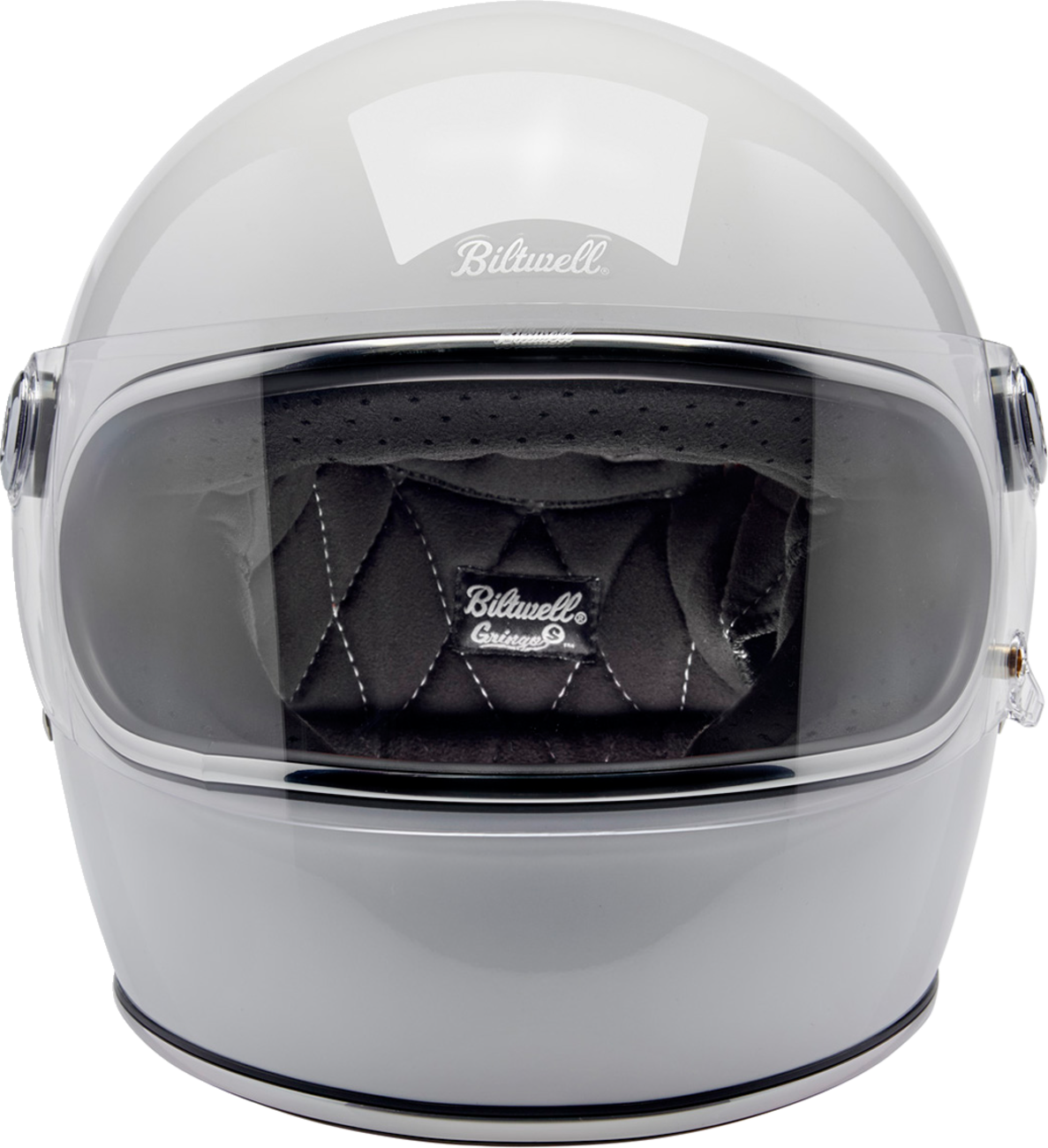 BILTWELL Gringo S helmet in gloss white, medium size, featuring a sleek, rounded motorcycle helmet design with ventilation vents.