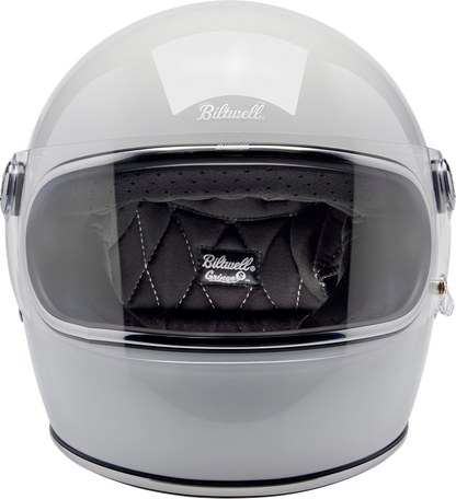 BILTWELL Gringo S helmet in gloss white, medium size, featuring a sleek, rounded motorcycle helmet design with ventilation vents.