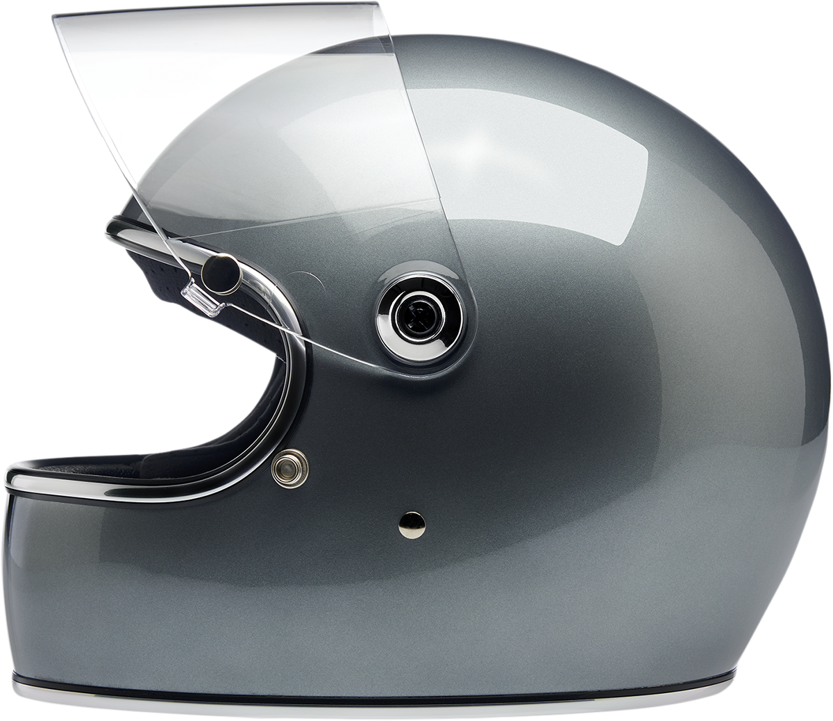 BILTWELL Gringo S helmet in metallic sterling finish, XS size, featuring a sturdy shell and classic motorcycle helmet design.