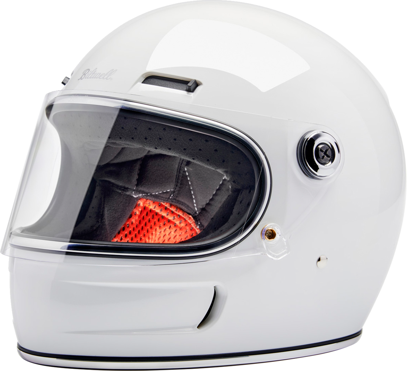 BILTWELL Gringo SV helmet in glossy white, XS size, showing a sleek motorcycle helmet with smooth finish and secure strap.