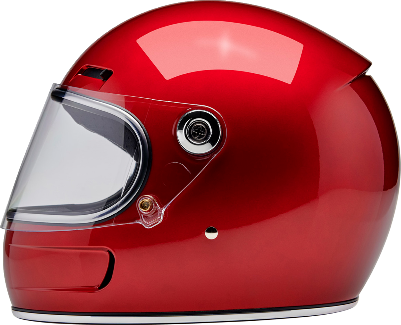 Biltwell Gringo SV helmet in metallic cherry red, medium size, with black straps and ventilation openings.