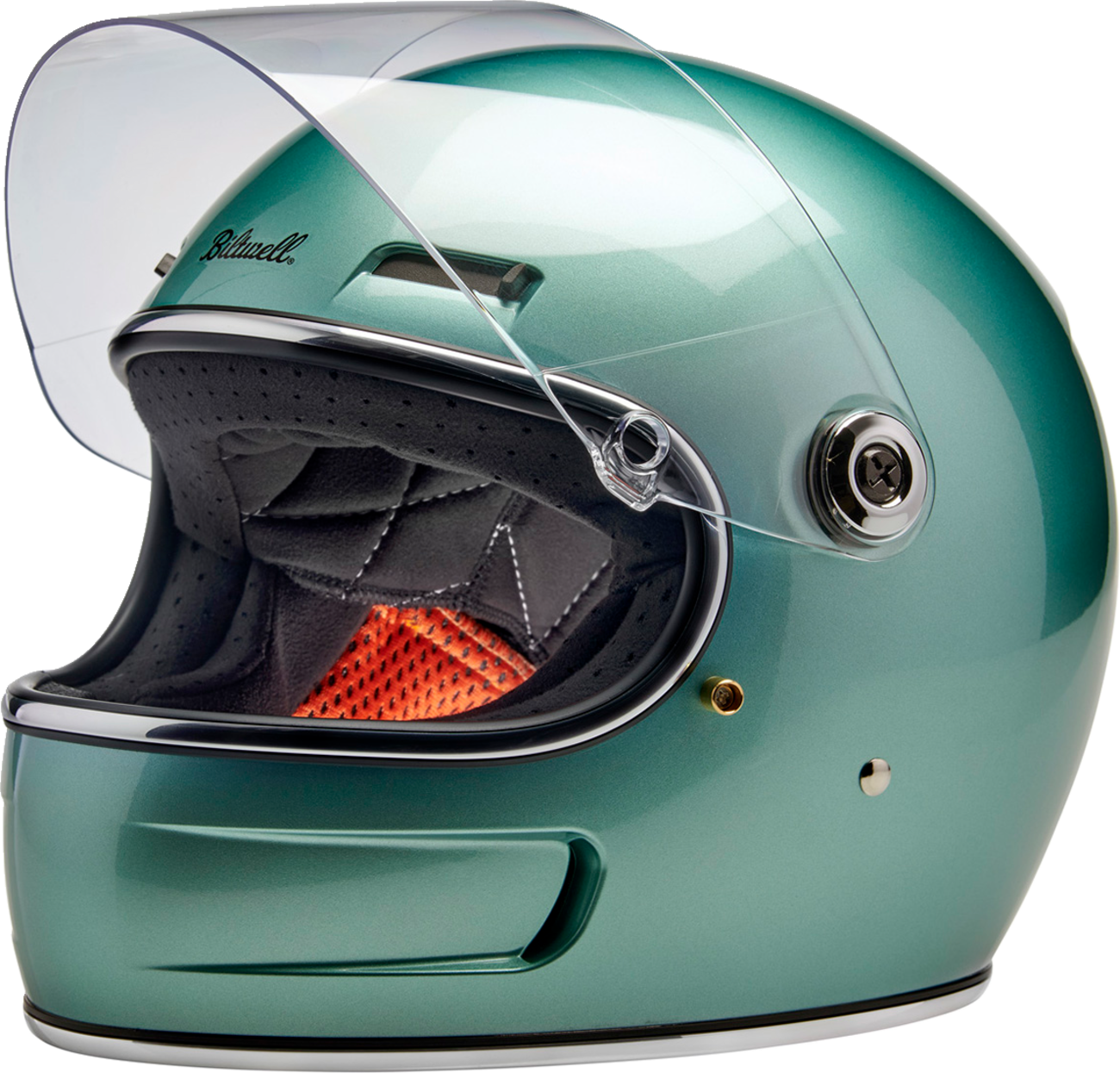 Biltwell Gringo SV helmet in metallic seafoam color, medium size, featuring a smooth helmet shell and ventilation vents.