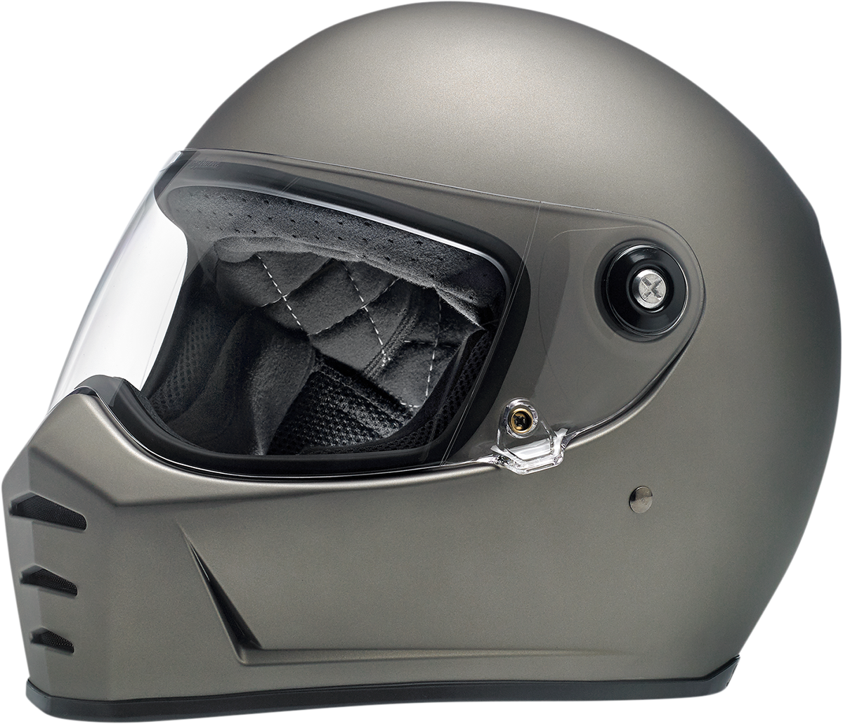 Biltwell Lane Splitter helmet in flat titanium finish, XS size, featuring a sleek motorcycle helmet design with secure strap.