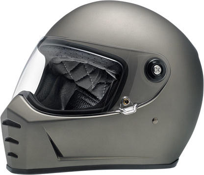Biltwell Lane Splitter helmet in flat titanium finish, XS size, featuring a sleek motorcycle helmet design with secure strap.