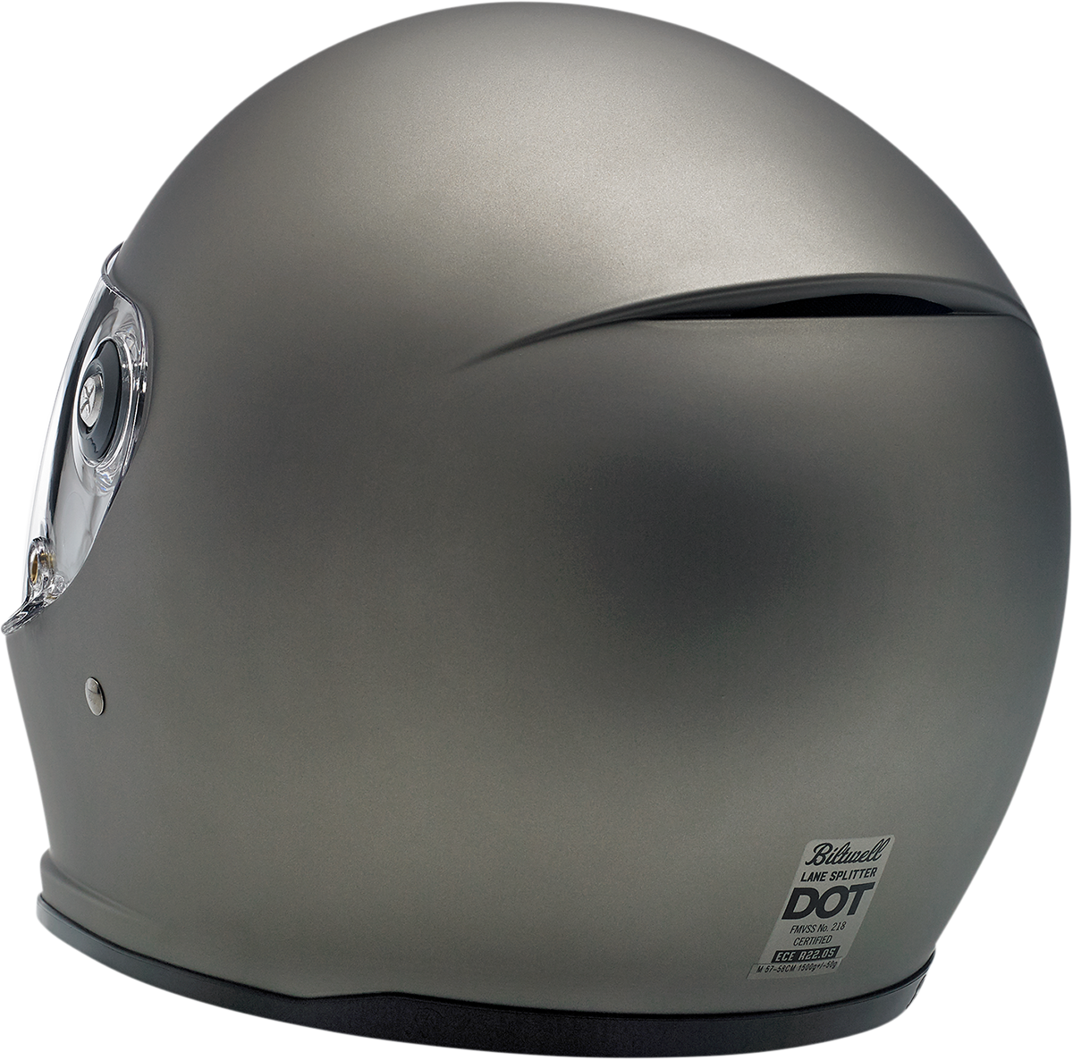 Biltwell Lane Splitter helmet in flat titanium finish, XS size, showcasing its sleek motorcycle helmet design by Bill's Exhausts