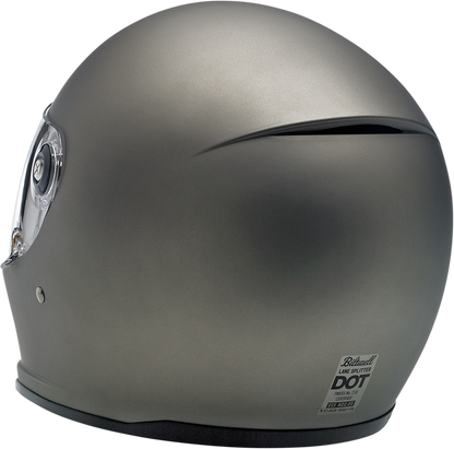 Biltwell Lane Splitter helmet in flat titanium finish, XS size, showcasing its sleek motorcycle helmet design by Bill's Exhausts