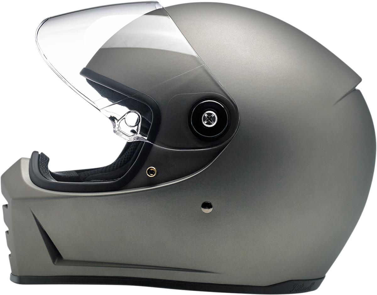BILTWELL Lane Splitter helmet in flat titanium finish, XS size, showcasing a sleek motorcycle helmet design with matte surface.