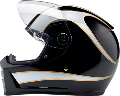 Biltwell Lane Splitter helmet in gloss black with white flames, XL size, featuring a sleek motorcycle helmet design.