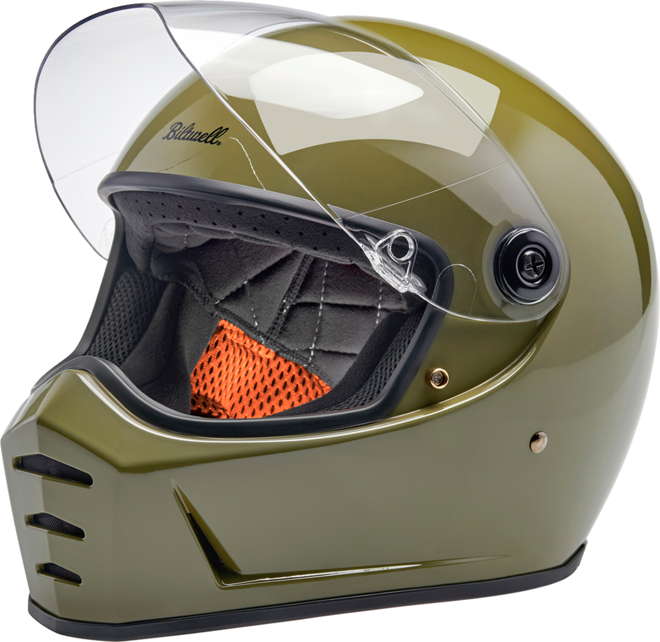 BILTWELL Lane Splitter Helmet in gloss olive green, small size, featuring a sleek motorcycle helmet design.