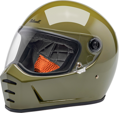 BILTWELL Lane Splitter helmet in gloss olive green, XS size, featuring a sleek motorcycle helmet design by Bill's Exhausts.