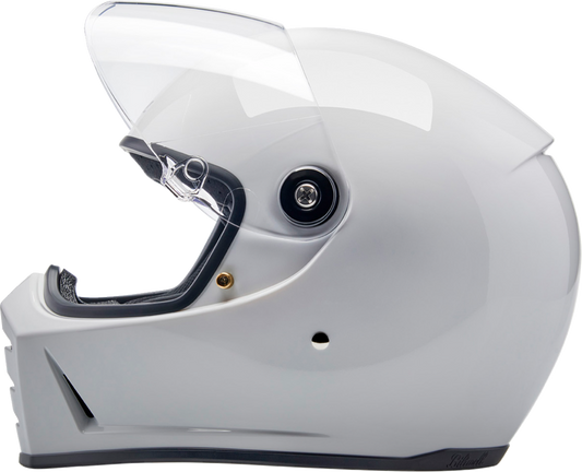 Biltwell Lane Splitter helmet in glossy white, size XS, with a smooth rounded design and clear visor for motorcycle riding.