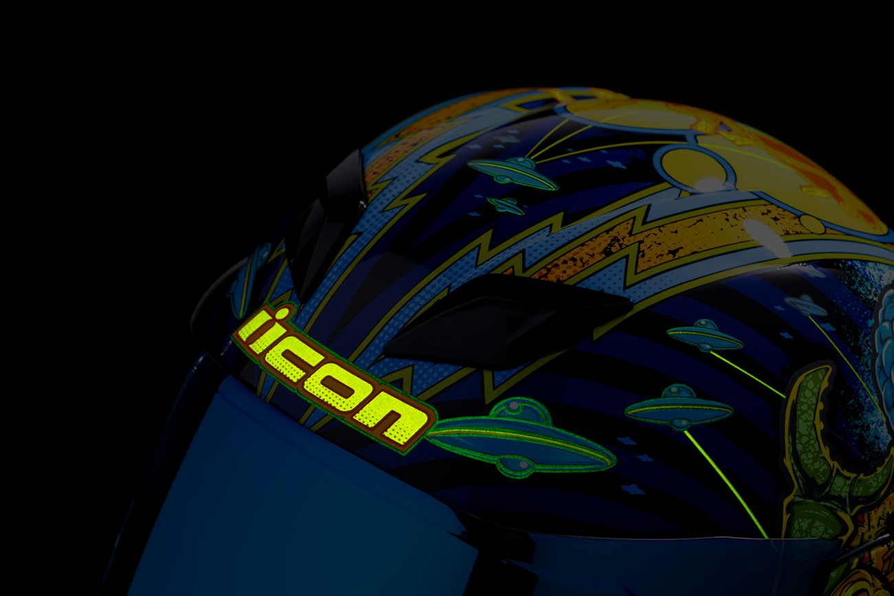 Blue ICON Airflite™ Helmet Bugoid Blitz 3XL from Bill's Exhausts, featuring a sleek aerodynamic design and vibrant graphics.