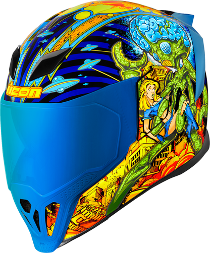 Blue ICON Airflite™ Helmet in Bugoid Blitz design, medium size, showcasing the aerodynamic helmet with visors and ventilation.