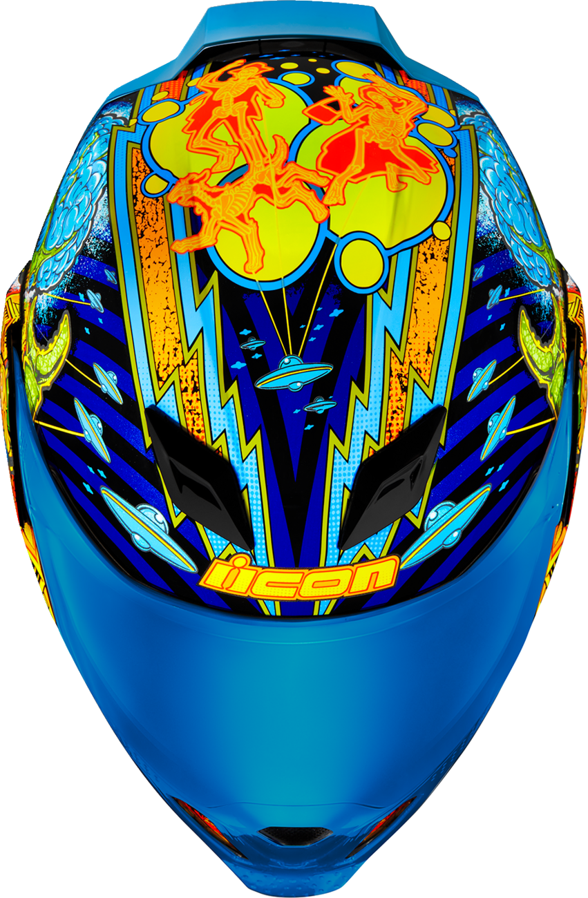 Blue ICON Airflite™ helmet in Bugoid Blitz design, small size, featuring aerodynamic shape and bold graphics, ideal for motorcycle riders.