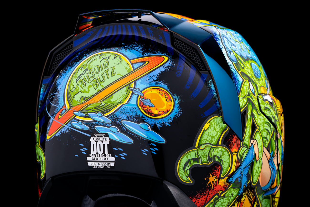 Blue ICON Airflite™ helmet with Bugoid Blitz design, size XS, featuring aerodynamic shape and bold graphics.