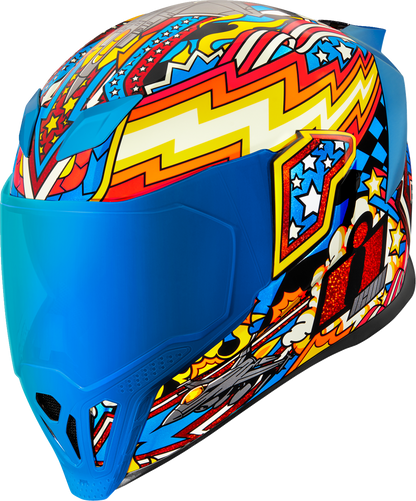 Blue ICON Airflite Flyboy helmet in 3XL size, featuring a sleek design and aerodynamic shape, ideal for motorcycle riders.