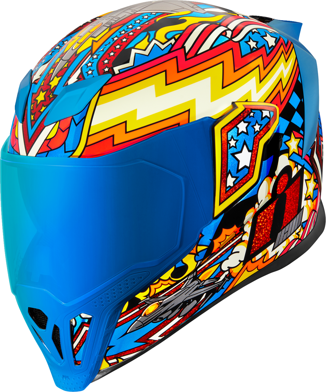 Blue ICON Airflite™ Flyboy helmet in medium size, featuring aerodynamic design and sleek finish, designed for motorcycle riders.