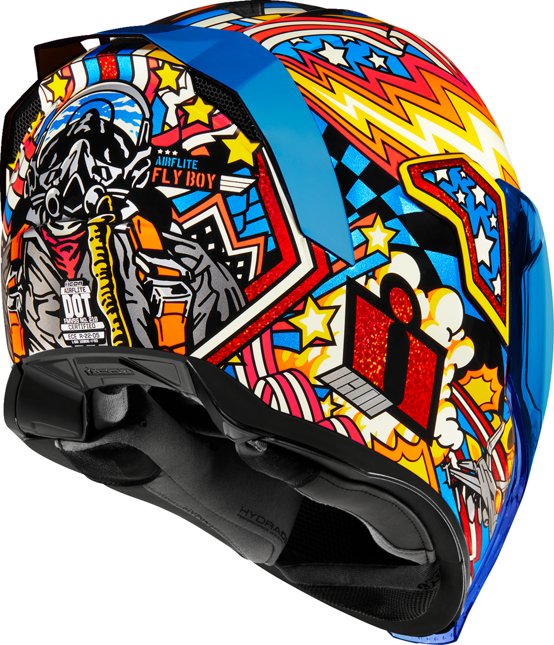 Blue ICON Airflite™ Flyboy helmet in small size, featuring aerodynamic design and bold graphics, from Bill's Exhausts.
