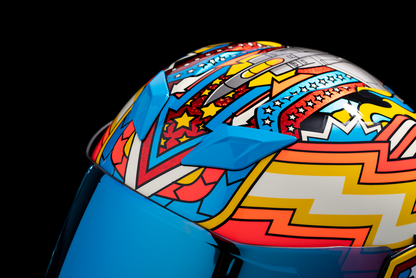 Bill's Exhausts ICON Airflite™ Helmet Flyboy in blue, small size, featuring aerodynamic design and eye-catching graphics.
