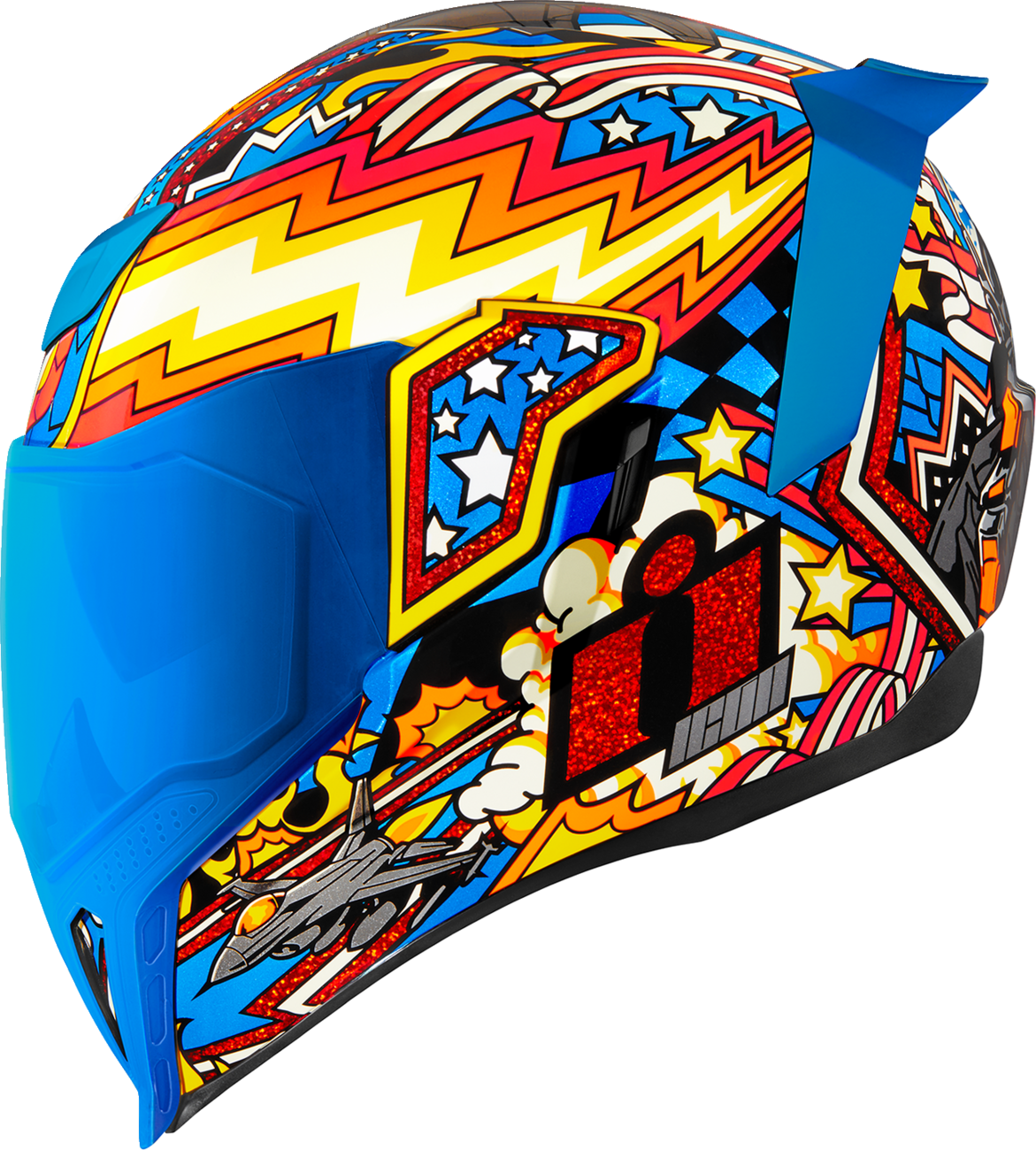 Blue ICON Airflite™ Flyboy helmet in XS size with aerodynamic design, featuring bold graphics and a comfortable fit.
