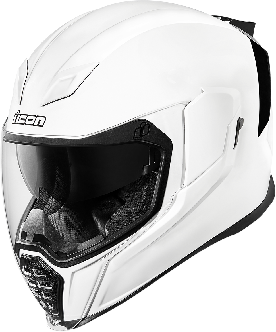 Gloss white ICON Airflite™ helmet in large size, featuring aerodynamic design and clear visor, by Bill's Exhausts.