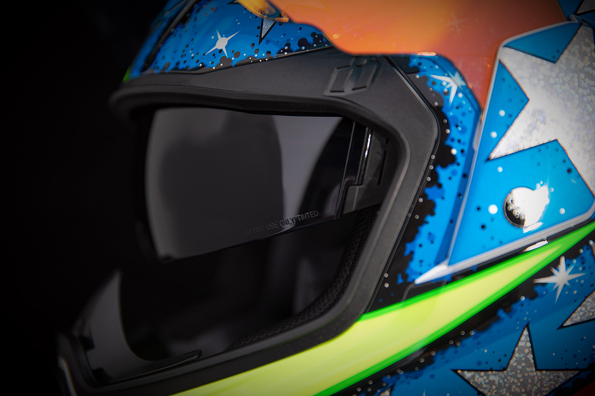 Bill's Exhausts ICON Airflite SF helmet in Glory design, small size, showcasing sleek helmet with bold graphics
