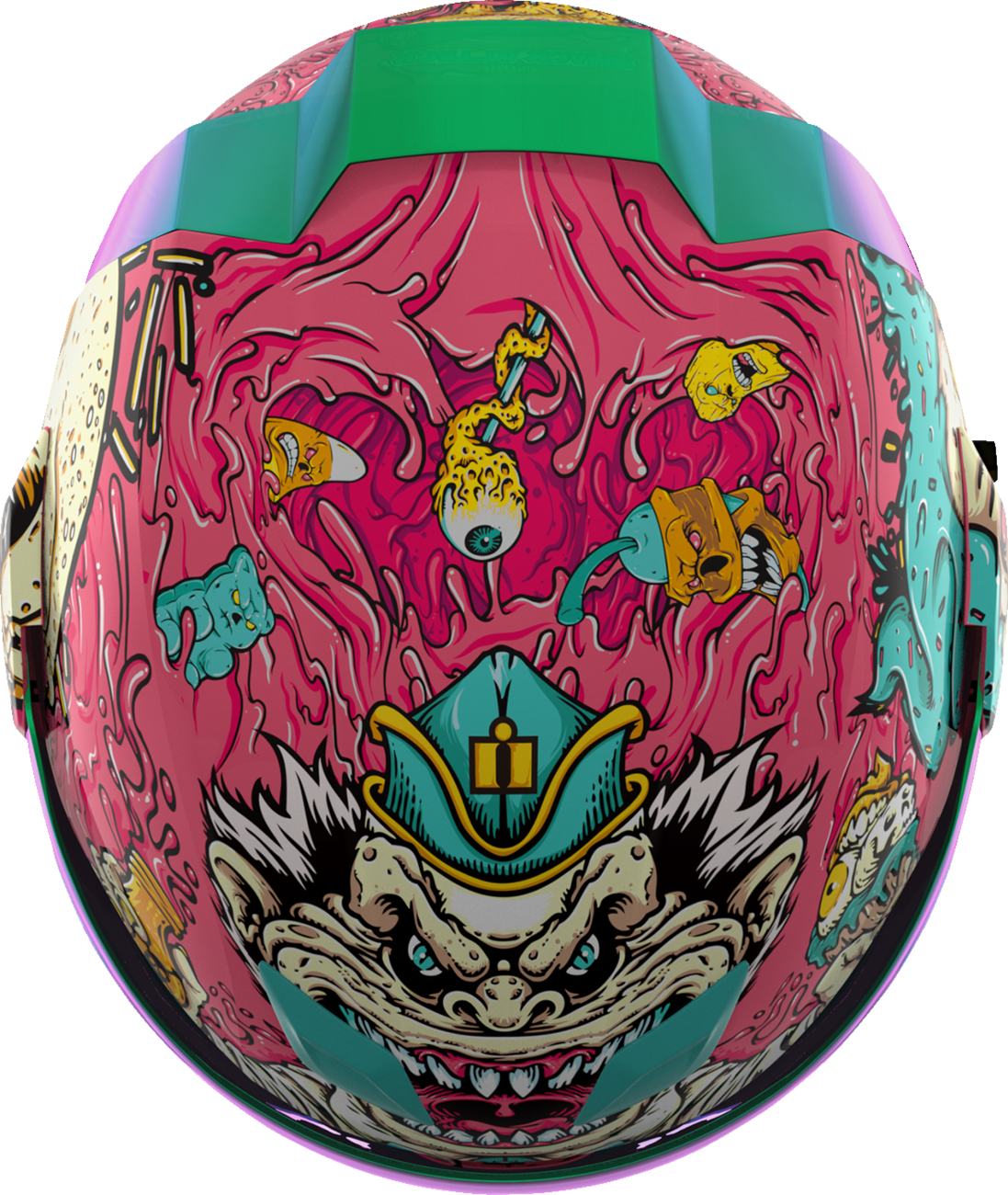 Pink ICON Airflite helmet with Snack Attack design, MIPS protection, 2XL size, featuring a sleek aerodynamic helmet for motorcycle riding.