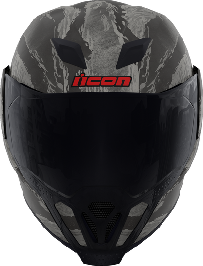 Bill's Exhausts ICON Airflite™ helmet in gray with Tiger's Blood design, MIPS® safety feature, medium size, detailed helmet image.