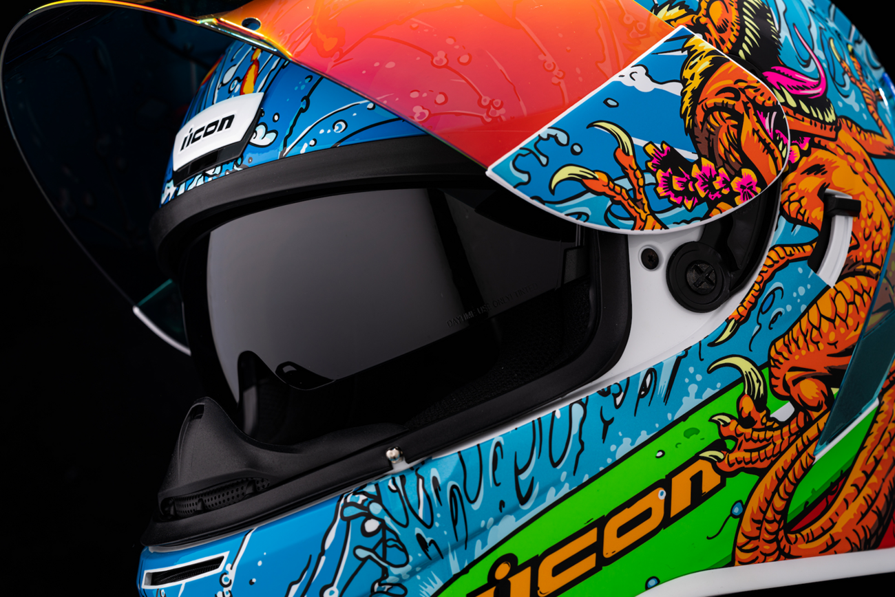 Icon Airform Dino Fury helmet in large size, featuring detailed dinosaur-themed design, designed for motorcycle riders.