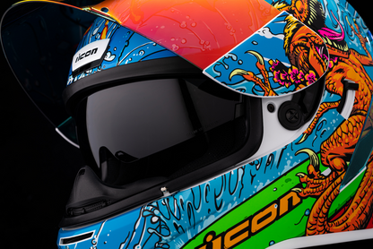 Icon Airform Dino Fury helmet in large size, featuring detailed dinosaur-themed design, designed for motorcycle riders.