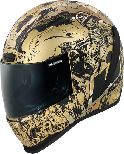 Bill's Exhausts ICON Airform Guardian helmet in gold, 2XL size, featuring a sleek helmet design for motorcycle safety.