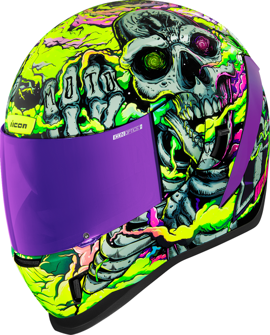 Purple ICON Airform™ Hippy Dippy helmet in 2XL size, featuring colorful abstract design and durable helmet construction.