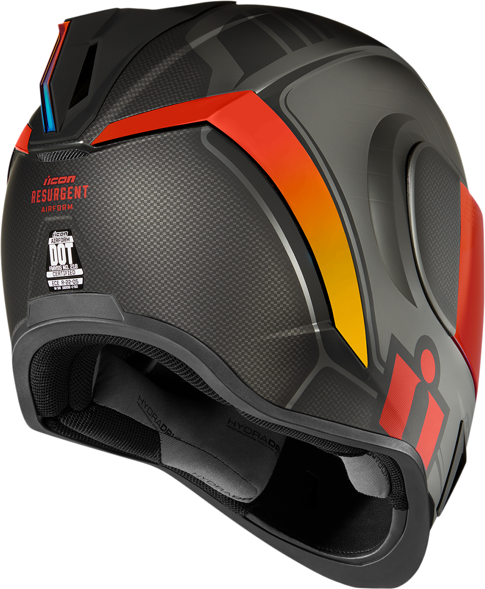 Red ICON Airform™ Helmet in XS size with Resurgent design, featuring sleek helmet shape and bold color, by Bill's Exhausts.