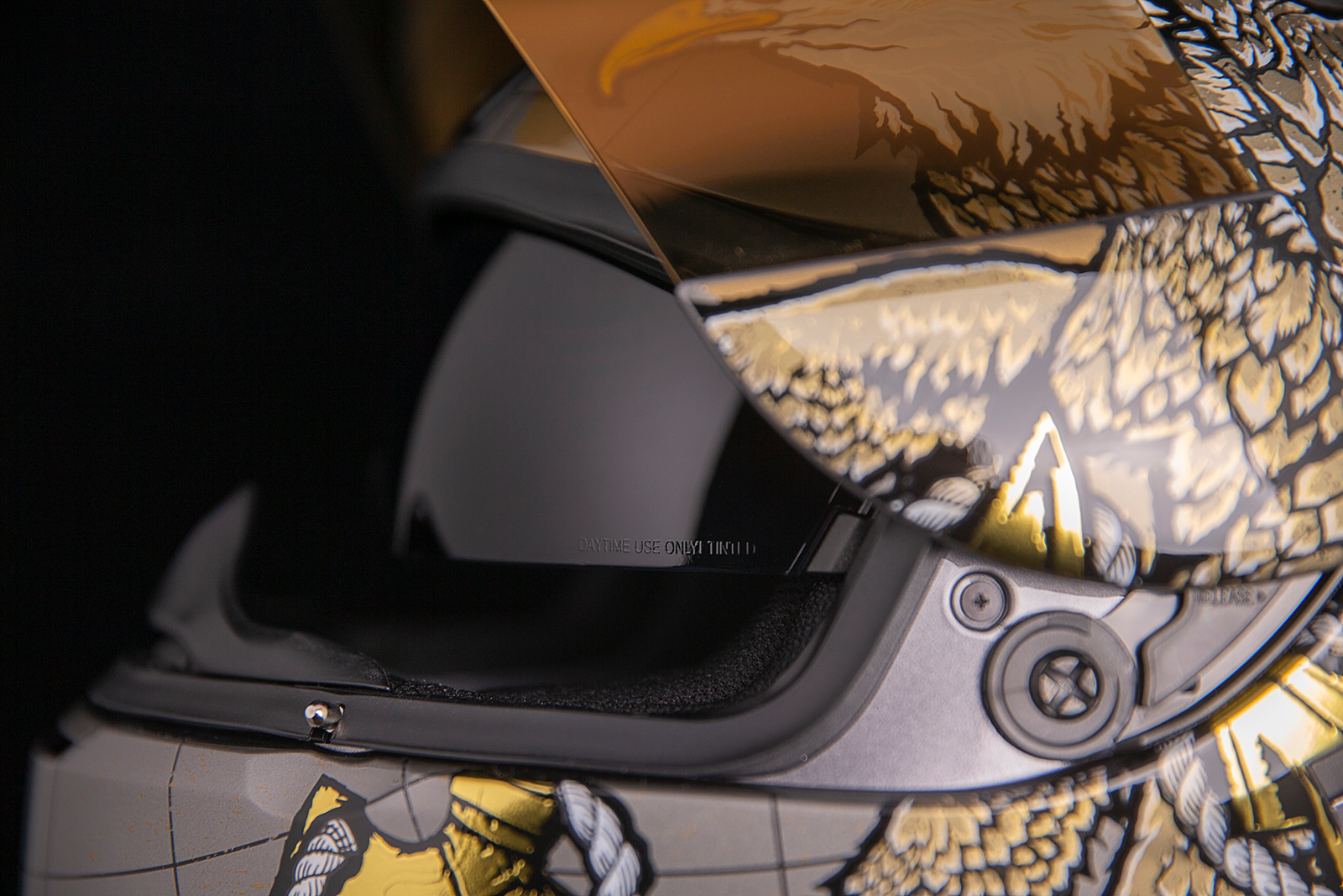 Gold ICON Airform™ helmet with Semper Fi design in small size, featuring a sleek helmet profile and detailed graphics.