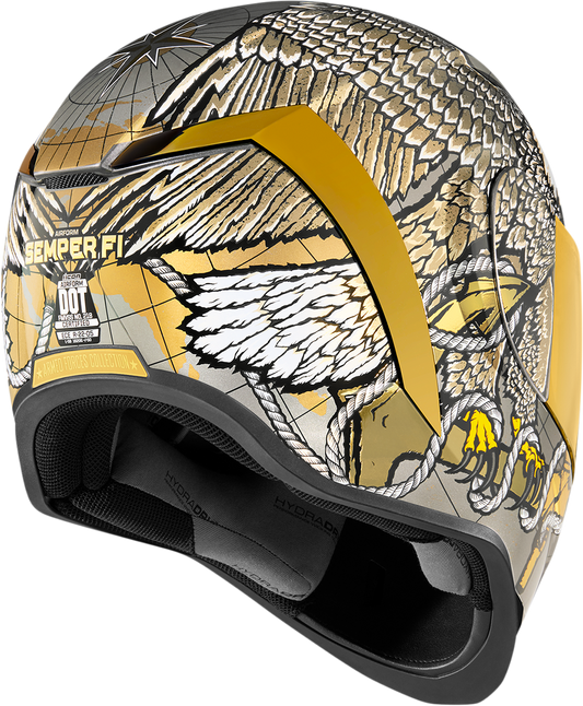 ICON Airform™ Semper Fi gold helmet in XL size, showcasing sleek design and branding by Bill's Exhausts.