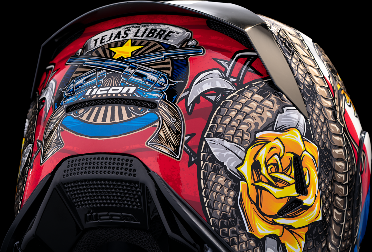 ICON Airframe Pro helmet in Tejas Libre Glory design, medium size, featuring aerodynamic shape and bold graphics.