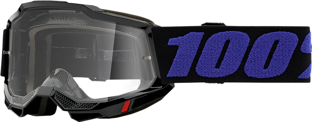 Clear 100% Youth Accuri 2 Goggles by Moore, designed for motocross helmets, with a sleek protective lens and adjustable strap.