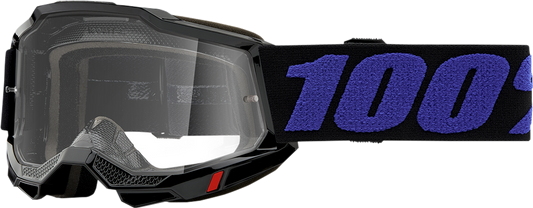 Clear 100% Youth Accuri 2 Goggles by Moore, designed for motocross helmets, with a sleek protective lens and adjustable strap.