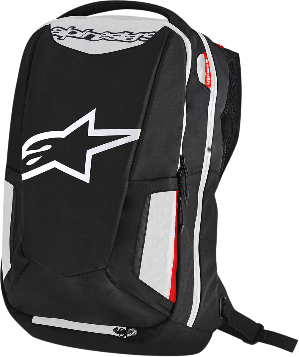 Alpinestars City Hunter backpack in black, white, and red with multiple compartments, designed for urban and motorcycle use.
