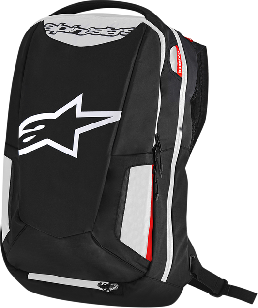 Alpinestars City Hunter backpack in black, white, and red with multiple compartments, designed for urban and motorcycle use.
