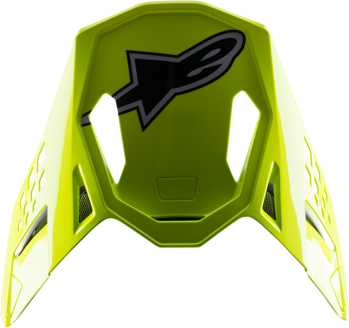 Alpinestars Supertech M8 helmet visor in black with fluo yellow and blue accents, designed for high-performance motorcycle helmets.