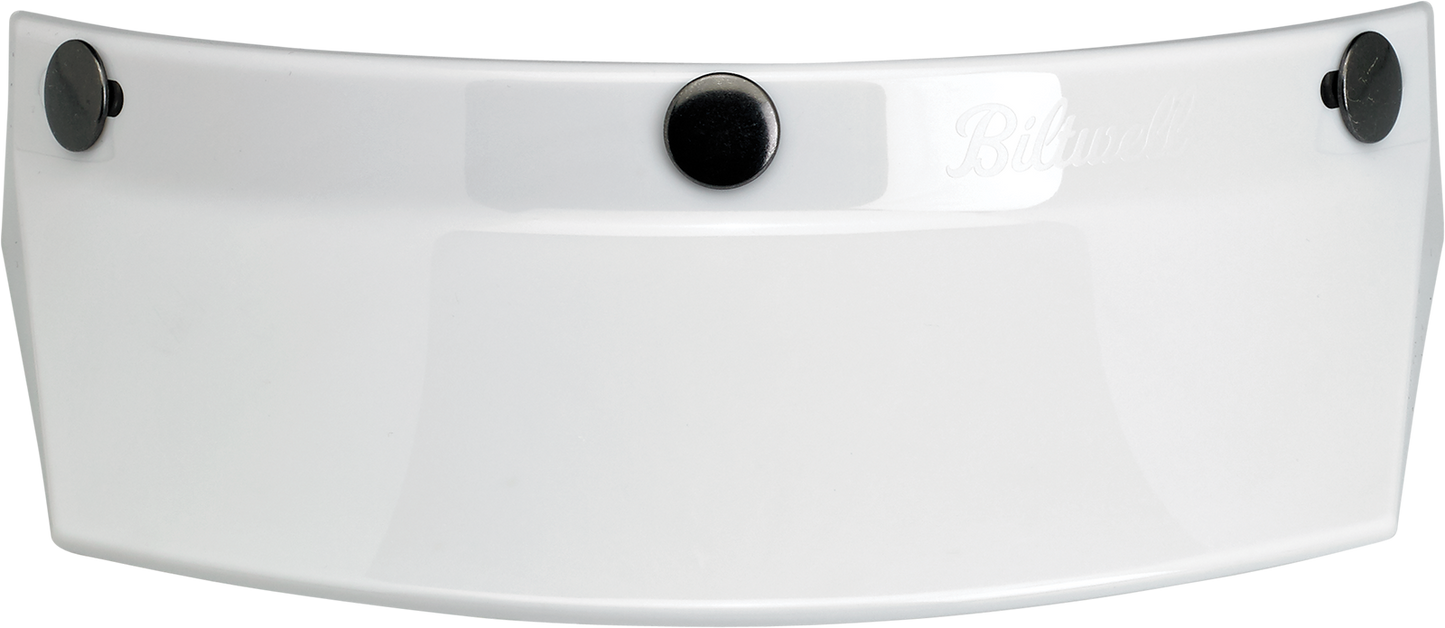 White Biltwell Moto 3-Snap Visor for helmets, motorcycle helmet parts by Bill's Exhausts, designed for secure fit and visibility