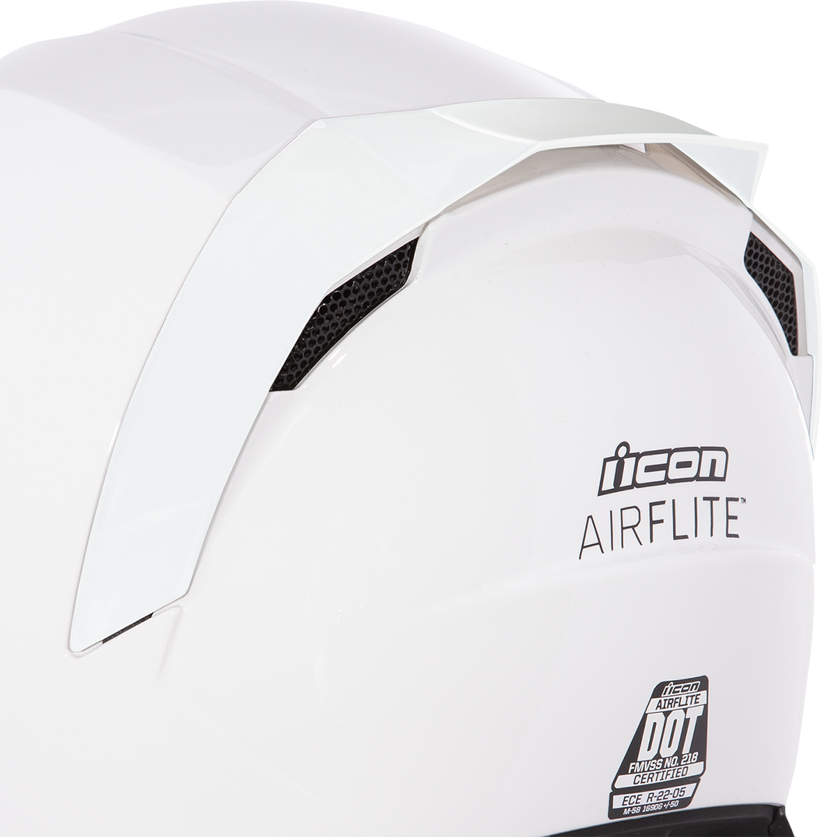 ICON Airflite™ rear spoiler in rubatone white, designed for helmets, from Bill's Exhausts, showcasing the sleek aerodynamic part.
