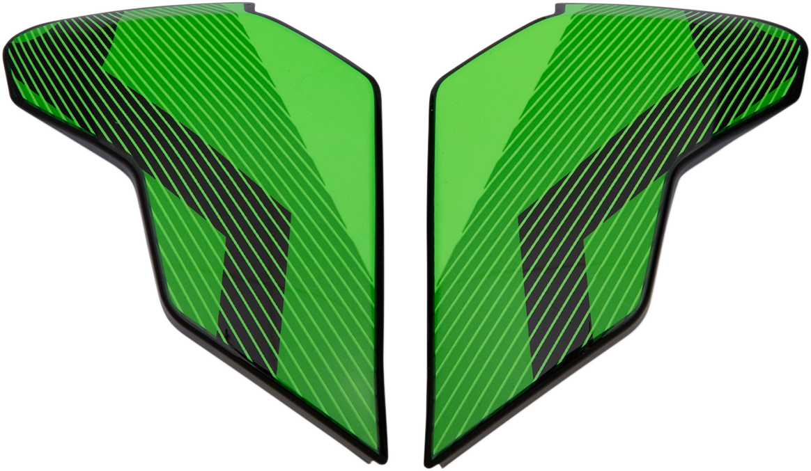 Green ICON Airflite™ Side Plates for QB1 helmet, helmet parts by Bill's Exhausts, shown on a white background