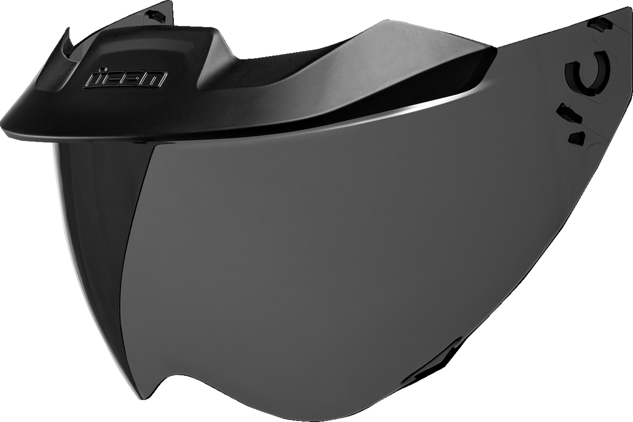 ICON Domain™ MotoShield dark smoke helmet visor from Bill's Exhausts, motorcycle helmet parts with tinted protective shield.