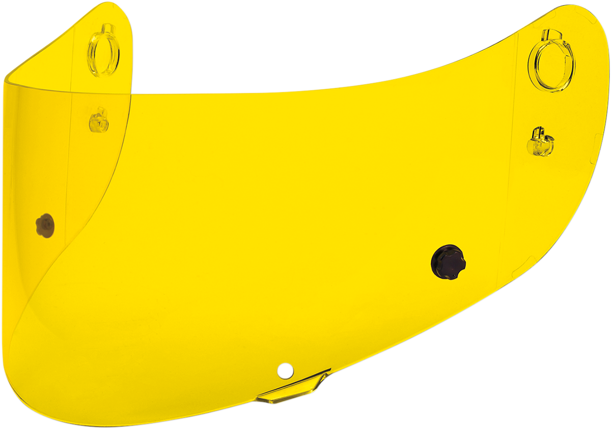 Yellow ICON Optics™ Tracshield helmet visor part for helmets, designed for safety and clear visibility.