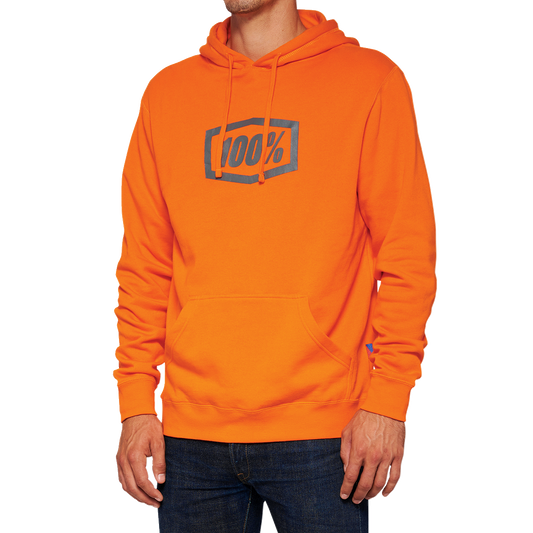 Orange Bill's Exhausts hoodie in large size with 100% hoodie icon, featuring a comfortable fit and casual style.