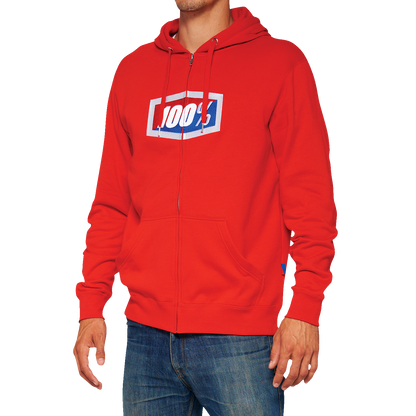 Red Bill's Exhausts fleece zip-up hoodie in 2XL, featuring a comfortable design and official branding, shown in the product image.