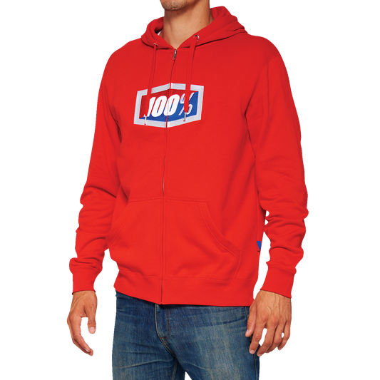 Red Bill's Exhausts fleece zip-up hoodie in 2XL, featuring a comfortable design and official branding, shown in the product image.